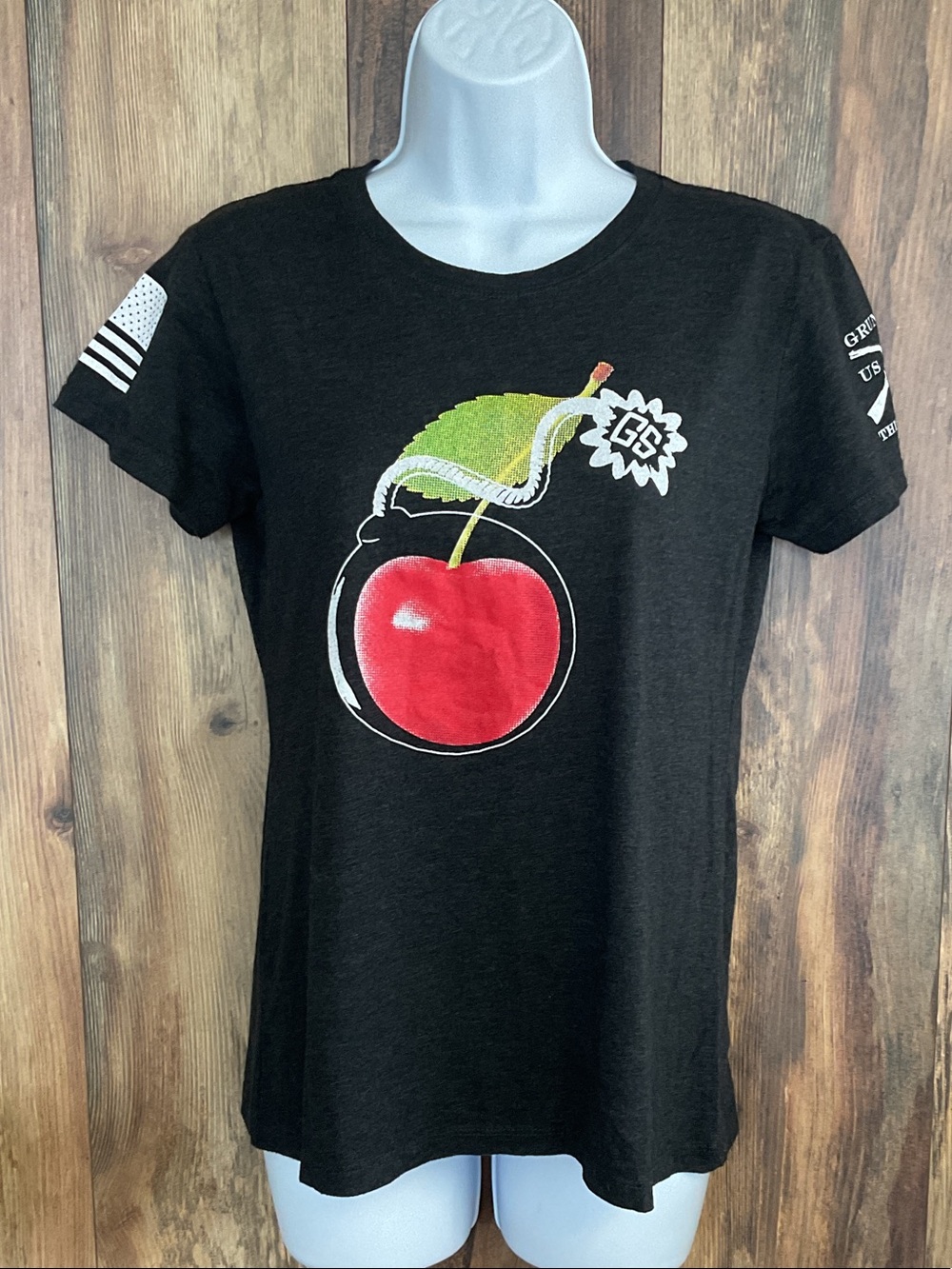 Grunt Style Black Tee with Red Cherry Graphic Youth L 407B